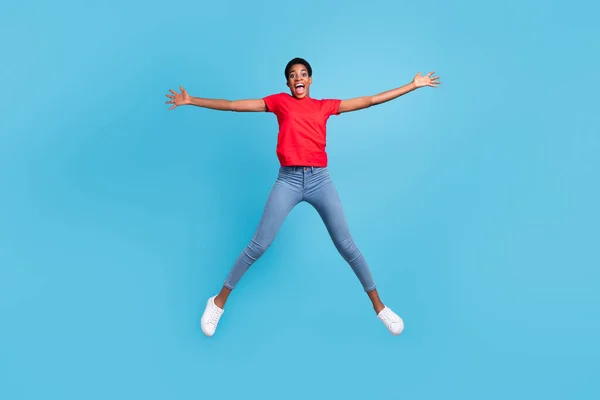 Photo Charming Excited Short Hair Person Dressed Red Shirt Jumping —  Fotos de Stock