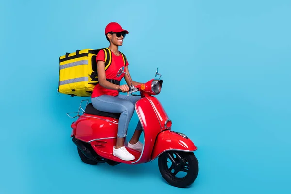 Photo of funny busy short hair person dressed red uniform moto rider delivering food isolated blue color background.