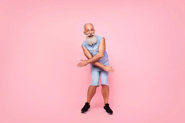 Full Length Photo Funky Charming Retired Guy Wear Jeans Waistcoat — Stockfoto