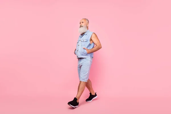 Full Length Photo Cute Cool Man Pensioner Dressed Denim Vest — Stockfoto