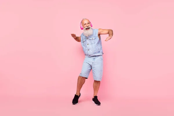 Full Length Photo Cool Funny Man Pensioner Dressed Denim Vest — Stockfoto