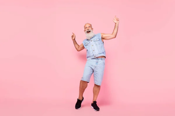 Full Length Photo Charming Cute Man Pensioner Dressed Denim Vest — Stockfoto