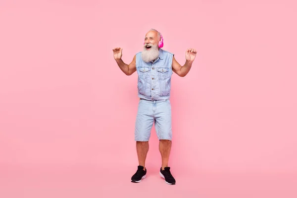 Full Length Photo Funny Excited Man Pensioner Dressed Denim Vest — Stockfoto