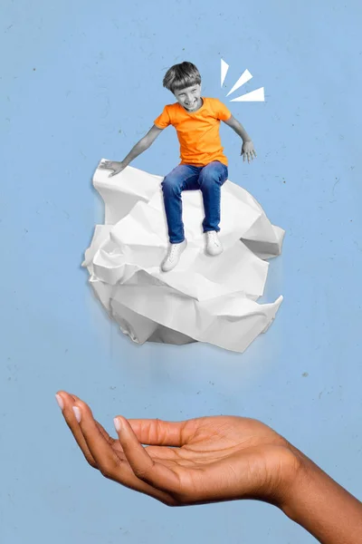 Vertical collage picture of big arm throw crumpled paper ball small boy sitting isolated on blue painted background.