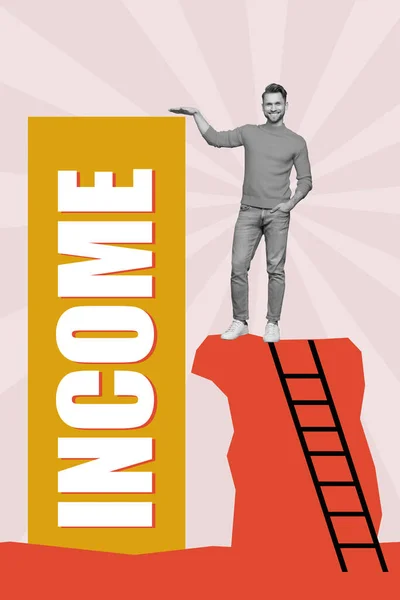 Vertical collage image of positive successful guy black white effect climb ladder hand measure income size height isolated on creative background.