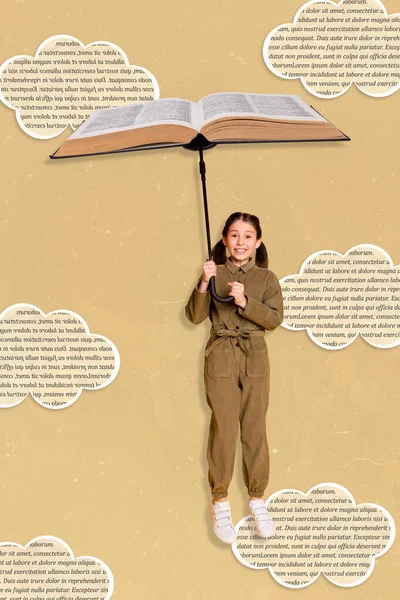 Vertical collage on cheerful excited small girl arm hold umbrella book air fly text clouds sky isolated on creative background.