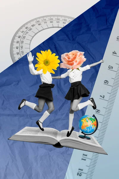 Vertical Collage Image Two Small Girls Black White Gamma Flowers — Foto Stock