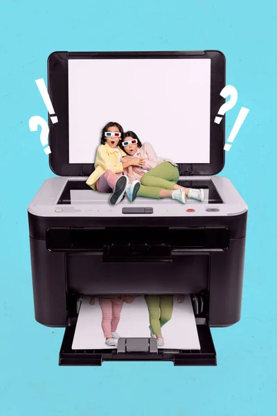 Vertical Collage Two Excited Small Girls Sitting Big Printer Scanner — Stockfoto