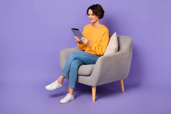 Full Body Photo Charming Positive Person Sit Chair Hold Use — Stockfoto