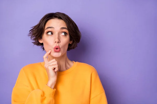 Portrait Impressed Crazy Girl Finger Touch Chin Pouted Lips Look — Stockfoto