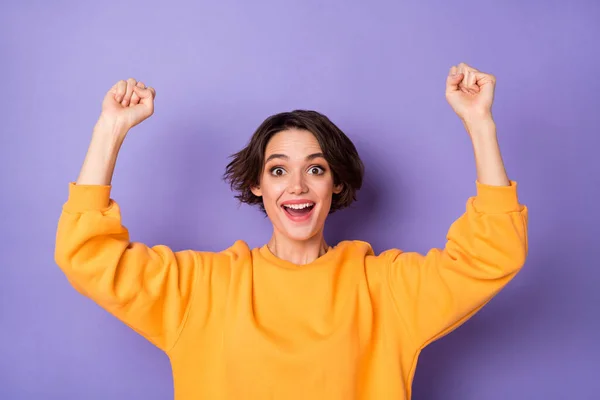 Photo Satisfied Delighted Girl Raise Fists Scream Yeah Hooray Accomplishment — Stockfoto