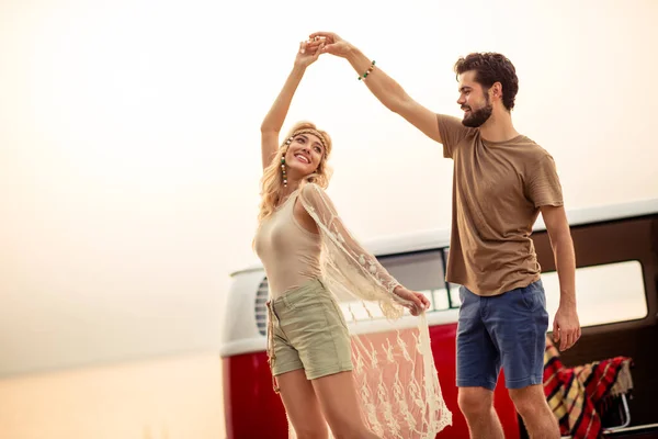 Photo Cheerful Charming Young Couple Dancing Together Smiling Riding Retro — Foto de Stock