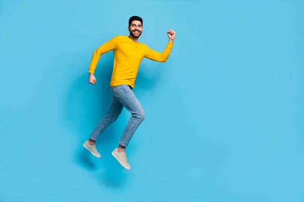 Full Size Profile Photo Cheerful Excited Person Jump Rush Fast — Stockfoto