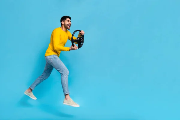 Full Body Profile Photo Excited Carefree Handsome Guy Hands Hold — Zdjęcie stockowe