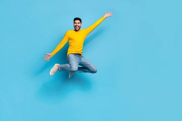 Full Size Photo Overjoyed Crazy Person Jumping Have Fun Good — Fotografia de Stock