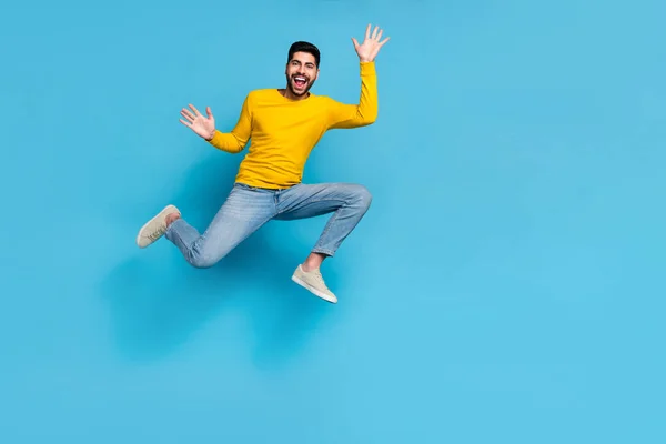 Full Length Photo Sportive Energetic Person Jumping Raise Hands Empty — Stock Fotó