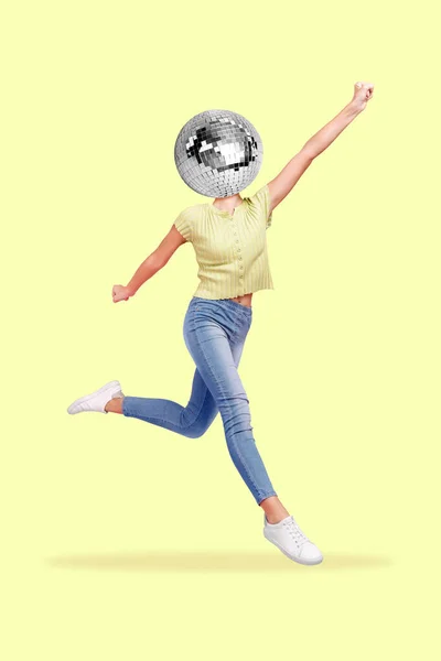 Vertical Banner Collage Lady Disco Ball Head Run Wear Casual — стоковое фото