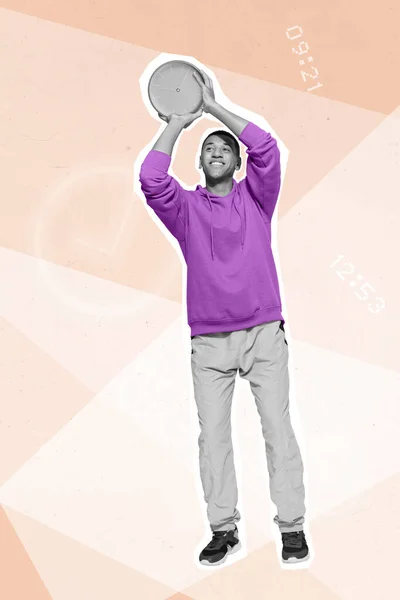Vertical Poster Collage Guy Play Basketball Wear Casual Cloth Isolated — Zdjęcie stockowe