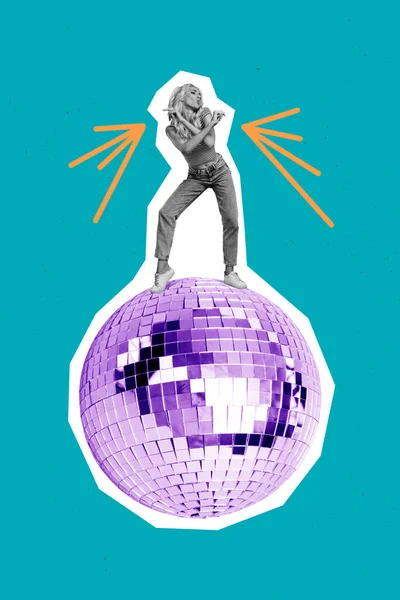 Contemporary Creative Art Collage Attractive Dancing Girl Levitating Disco Ball — Stock fotografie