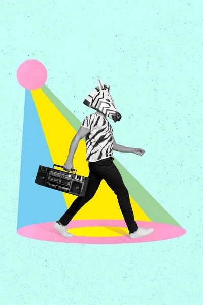 Full Length Photo Collage Crazy Freak Party Man Zebra Mask — Stockfoto