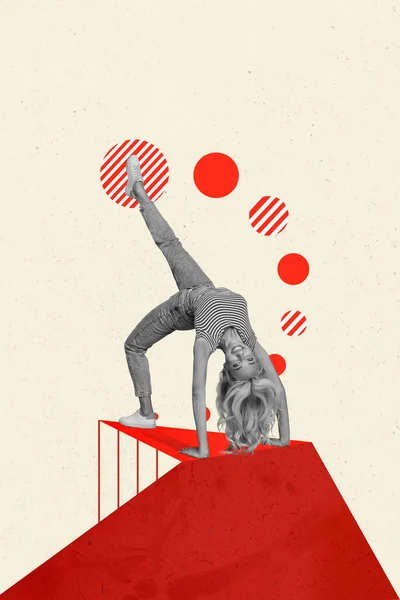 Collage 3d image of pinup pop retro sketch of funny funky lady standing bridge upside down isolated painting background.