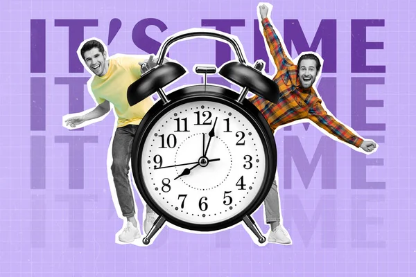 Banner Collage Two Guys Clock Yell Wear Casual Cloth Isolated — Φωτογραφία Αρχείου