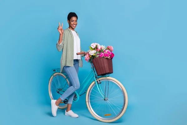 Full size portrait of friendly person demonstrate v-sign stand near bike isolated on blue color background.