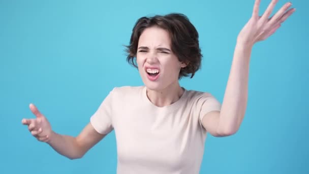 Furious Lady Deny Friend Idea Screaming Isolated Blue Color Background — Video Stock