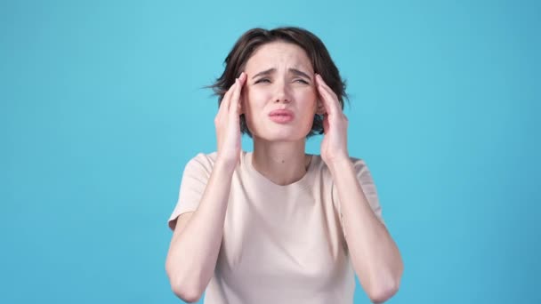 Lady Feel Frustrated Head Ache Isolated Blue Color Background High — Wideo stockowe