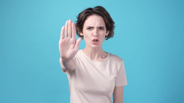 Strict Lady Cross Arms Make Stop Signal Isolated Blue Color — Video Stock