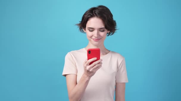 Lady Blogger Use Gadget Get Heart Feedback Isolated Blue Color — Vídeos de Stock