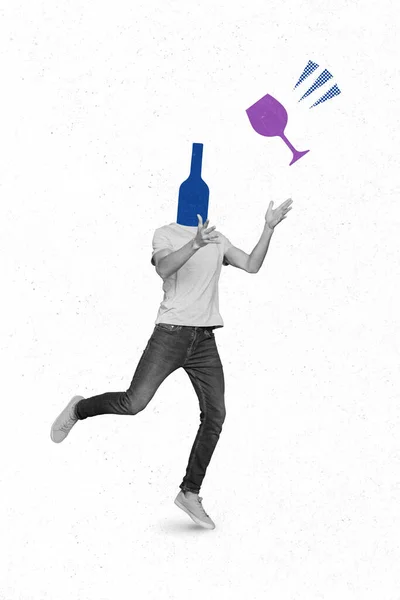 Vertical Banner Collage Man Bottle Instead Head Isolated Painting White — 图库照片