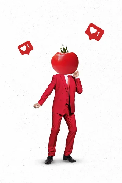 Vertical banner collage of man dance tomato head wear suit isolated on painting white color background.
