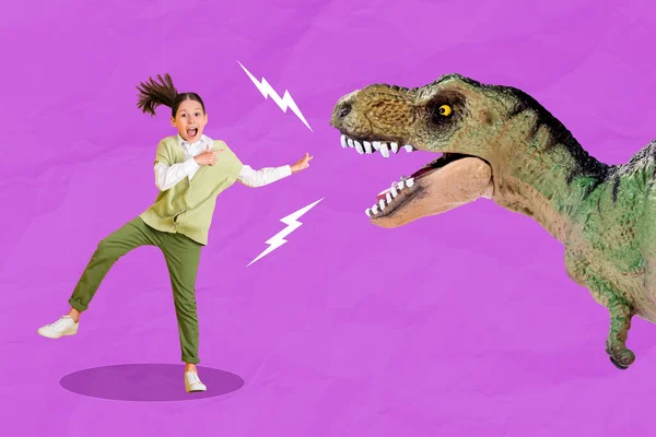 Collage Photo Childish Girl Shocked Pointing Dinosaur Amusement Park Wow — Stockfoto