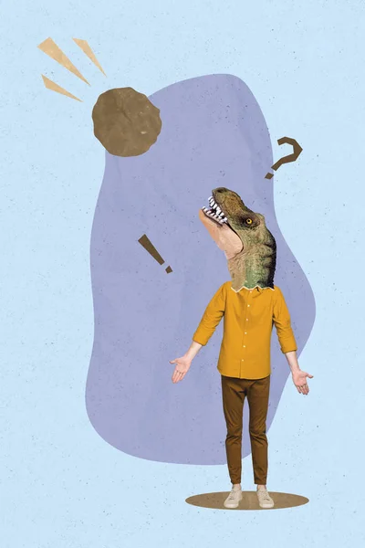 Vertical Collage Image Amazed Confused Guy Dinosaur Head Shrug Shoulders — Stock Fotó