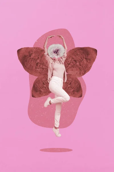 Vertical Poster Collage Lady Butterfly Jump Plant Instead Head Isolated —  Fotos de Stock