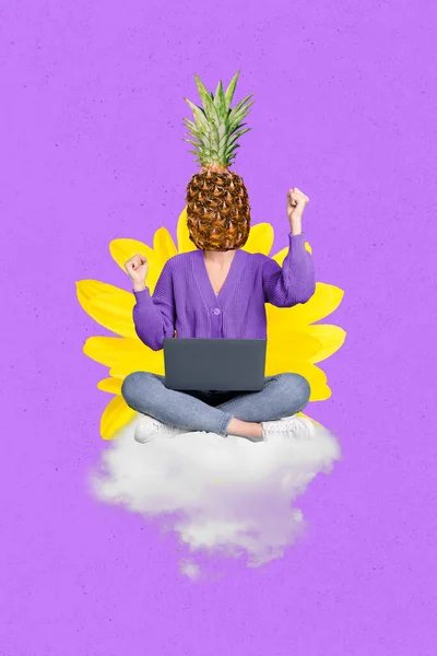 Vertical Collage Picture Overjoyed Delighted Girl Pineapple Instead Head Sitting — Foto de Stock