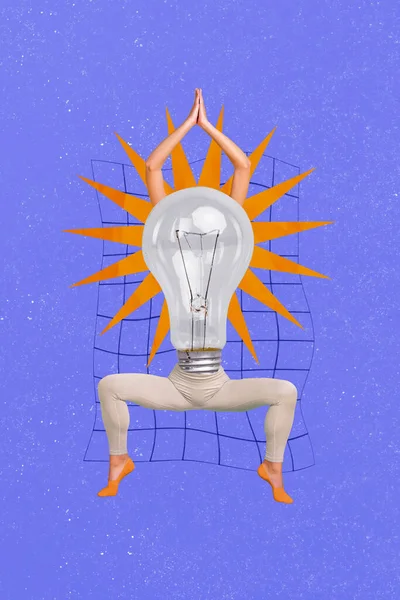 Photo artwork minimal picture of funny funky lady light bulb instead of head body isolated drawing background.
