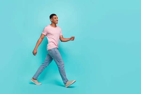 Full Length Photo Cute Attractive Guy Wear Pink Shirt Walking — Stockfoto