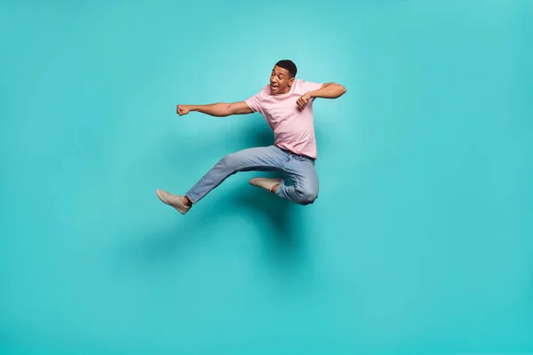 Full Length Photo Handsome Strong Guy Wear Pink Shirt Jumping — Stock Fotó