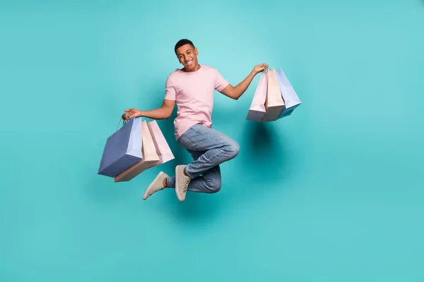 Full Length Photo Sweet Cheerful Guy Wear Pink Shirt Jumping — ストック写真