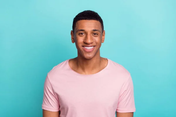 Photo Adorable Sweet Young Guy Wear Pink Shirt Smiling White — Stock Photo, Image