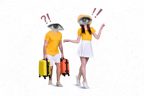 Collage picture of two people walking huge eye instead head hold suitcase isolated on creative white background.