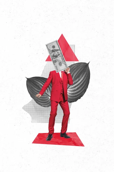 Vertical Composite Collage Image Successful Guy Dancing Hundred Dollars Banknote — ストック写真