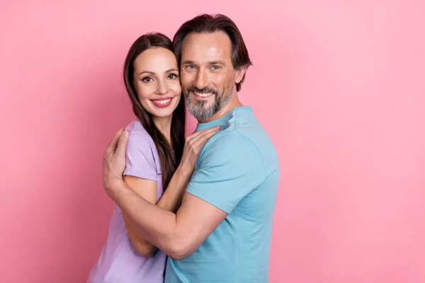 Portrait Two Peaceful Positive Partners Embrace Toothy Smile Isolated Pink — Fotografia de Stock