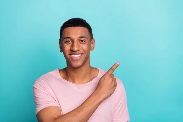 Photo Pretty Shiny Young Guy Wear Pink Shirt Pointing Finger — Fotografia de Stock