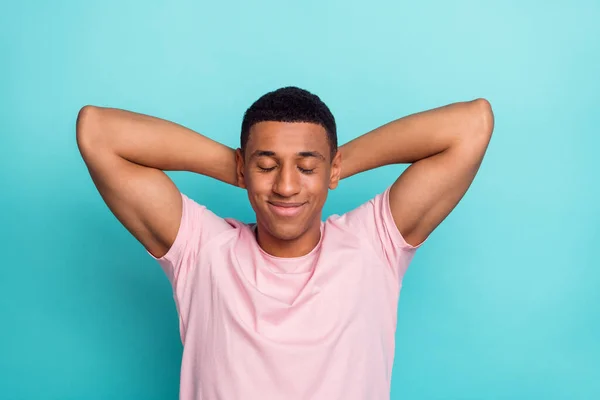 Photo Dreamy Charming Young Guy Wear Pink Shirt Arms Head — Stockfoto