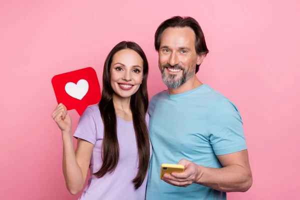 Photo Attractive Lady Handsome Guy Hold Paper Card Telephone Toothy — Fotografia de Stock