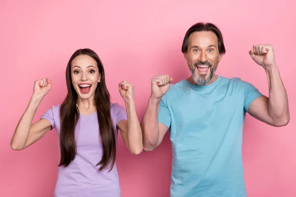 Portrait Two Delighted Overjoyed People Raise Hands Celebrate Success Isolated — Foto de Stock