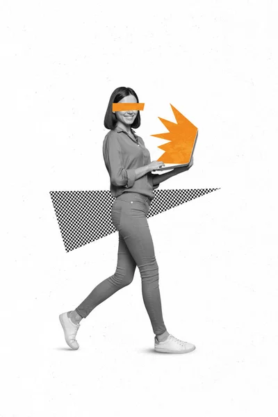 Vertical Collage Illustration Positive Girl Black White Gamma Walk Hold — 스톡 사진